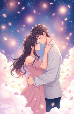 A romantic and intimate scene between two lovers in a dreamy, ethereal setting