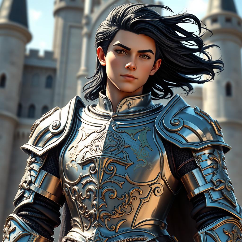 A young, handsome teenage knight captain exuding strength and charisma, with striking black hair flowing elegantly