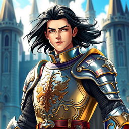 A young, handsome teenage knight captain exuding strength and charisma, with striking black hair flowing elegantly