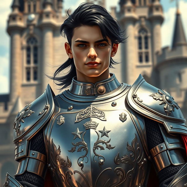 A young, handsome teenage knight captain exuding strength and charisma, with striking black hair flowing elegantly