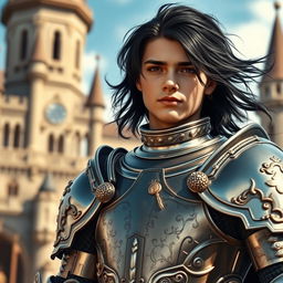 A young, handsome teenage knight captain exuding strength and charisma, with striking black hair flowing elegantly
