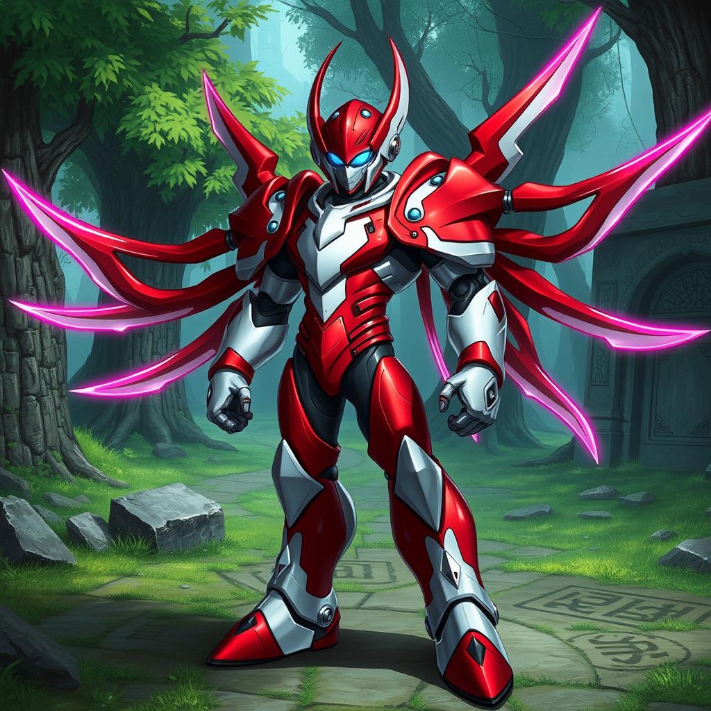 A Dungeons & Dragons Warforged character inspired by Zero from Mega Man X, featuring sleek metallic body armor with a red and white color scheme, resembling Zero's signature design