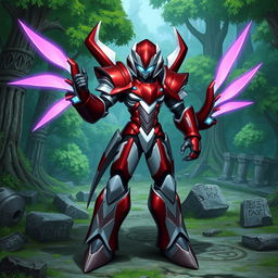 A Dungeons & Dragons Warforged character inspired by Zero from Mega Man X, featuring sleek metallic body armor with a red and white color scheme, resembling Zero's signature design