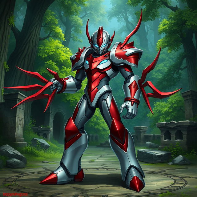 A Dungeons & Dragons Warforged character inspired by Zero from Mega Man X, featuring sleek metallic body armor with a red and white color scheme, resembling Zero's signature design