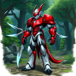 A Dungeons & Dragons Warforged character inspired by Zero from Mega Man X, featuring sleek metallic body armor with a red and white color scheme, resembling Zero's signature design