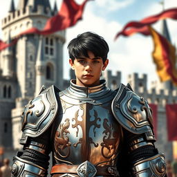 A young teenage knight captain with striking black hair, standing confidently in a detailed suit of shining armor, showcasing intricate designs and emblems of nobility