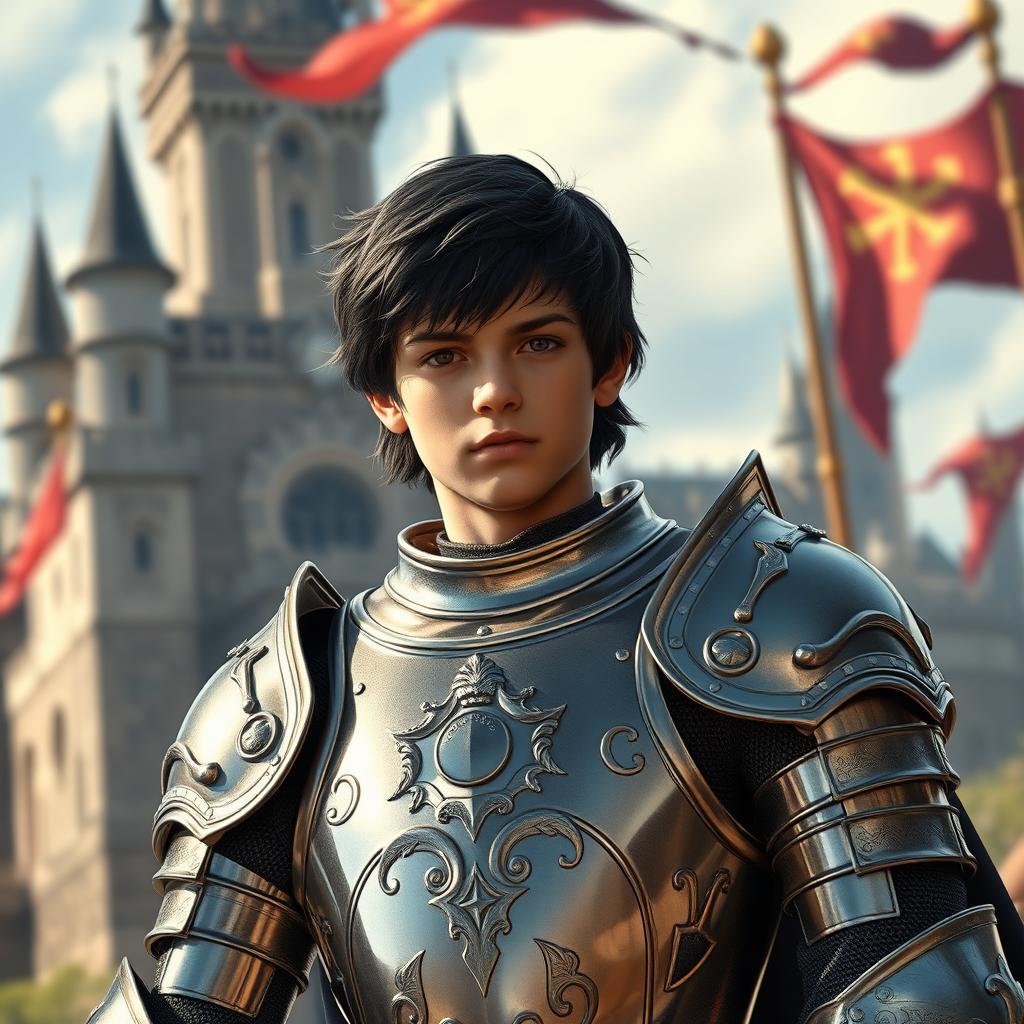 A young teenage knight captain with striking black hair, standing confidently in a detailed suit of shining armor, showcasing intricate designs and emblems of nobility