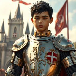 A young teenage knight captain with striking black hair, standing confidently in a detailed suit of shining armor, showcasing intricate designs and emblems of nobility