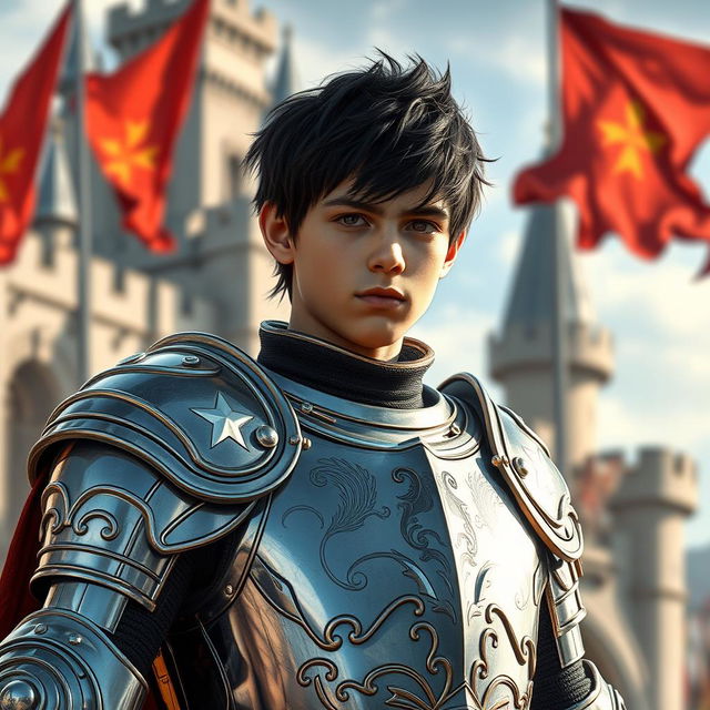 A young teenage knight captain with striking black hair, standing confidently in a detailed suit of shining armor, showcasing intricate designs and emblems of nobility