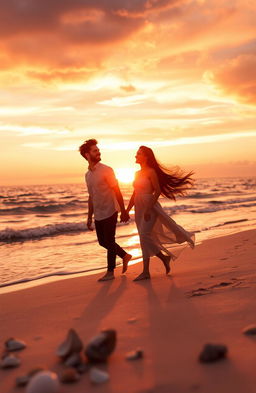 A romantic sunset scene at a tranquil beach, where a couple is walking hand in hand along the shoreline