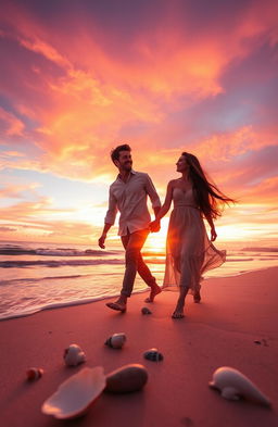 A romantic sunset scene at a tranquil beach, where a couple is walking hand in hand along the shoreline