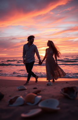 A romantic sunset scene at a tranquil beach, where a couple is walking hand in hand along the shoreline