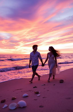 A romantic sunset scene at a tranquil beach, where a couple is walking hand in hand along the shoreline