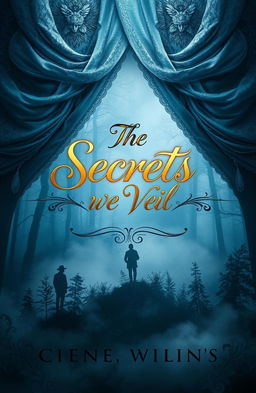 A mesmerizing book cover design for 'The Secrets We Veil', featuring an intricate, mysterious veil draped over an ethereal landscape