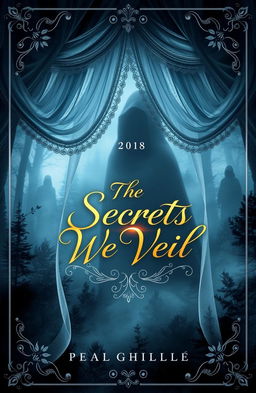 A mesmerizing book cover design for 'The Secrets We Veil', featuring an intricate, mysterious veil draped over an ethereal landscape