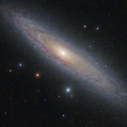 A vivid portrayal of the Andromeda Galaxy, our closest galactic neighbor, showing off luminous star-swept arms, radiant nebulas, and a bright galactic core against the infinite blackness of space.