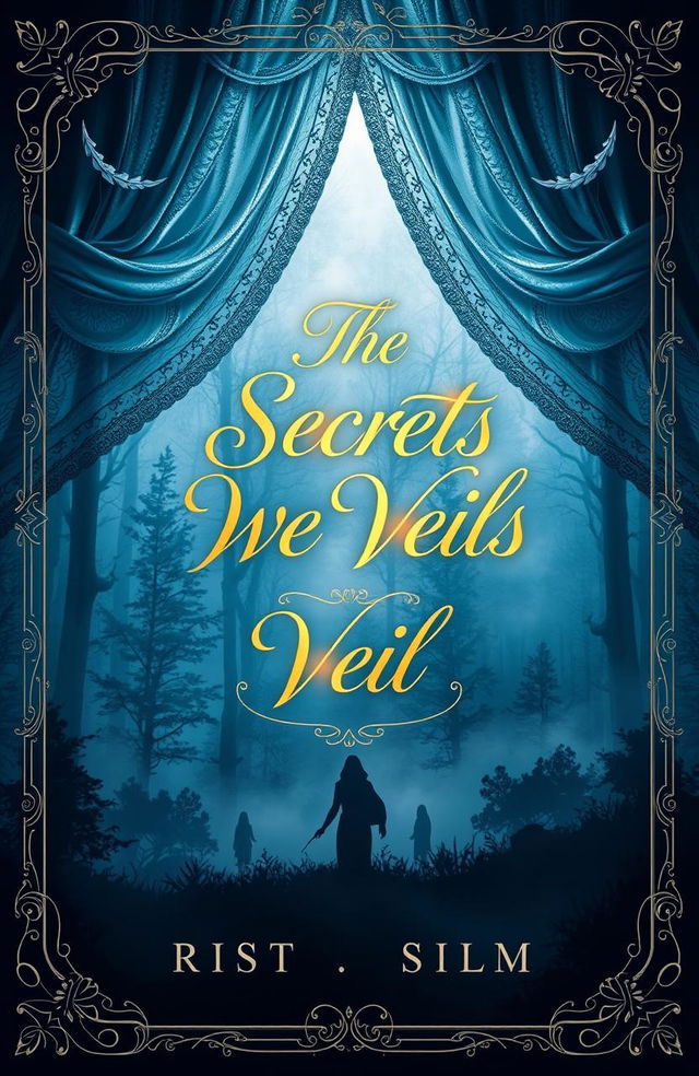 A mesmerizing book cover design for 'The Secrets We Veil', featuring an intricate, mysterious veil draped over an ethereal landscape