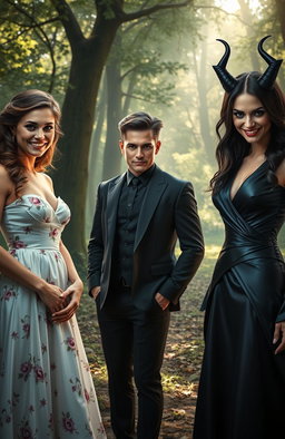 A captivating scene featuring two women, one embodying goodness with a bright smile, dressed in a flowing white gown adorned with floral patterns, and the other representing wickedness with a mischievous grin, clad in a dark, elegant dress with sharp angles