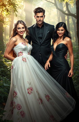 A captivating scene featuring two women, one embodying goodness with a bright smile, dressed in a flowing white gown adorned with floral patterns, and the other representing wickedness with a mischievous grin, clad in a dark, elegant dress with sharp angles