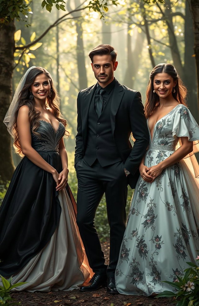 A captivating scene featuring two women, one embodying goodness with a bright smile, dressed in a flowing white gown adorned with floral patterns, and the other representing wickedness with a mischievous grin, clad in a dark, elegant dress with sharp angles