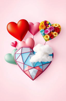A vibrant and artistic representation of various hearts, showcasing a multitude of styles: a classic red heart, a heart made of colorful flowers, a geometric heart design, and a heart-shaped cloud in a blue sky