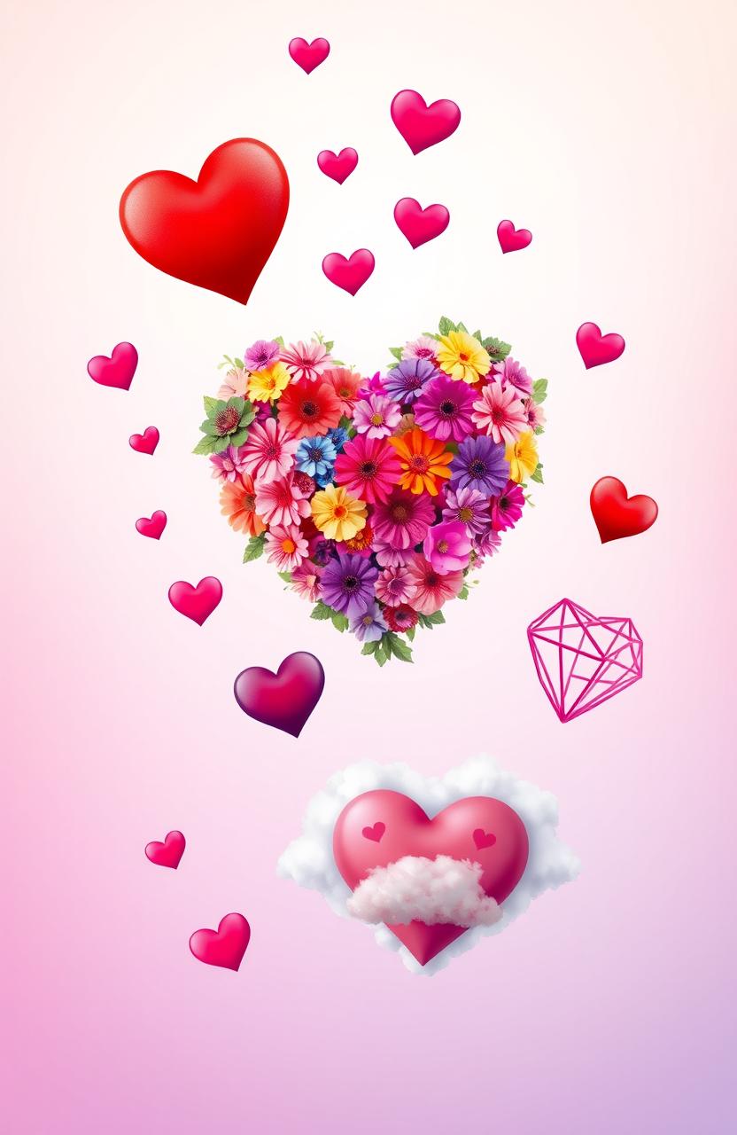 A vibrant and artistic representation of various hearts, showcasing a multitude of styles: a classic red heart, a heart made of colorful flowers, a geometric heart design, and a heart-shaped cloud in a blue sky