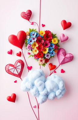 A vibrant and artistic representation of various hearts, showcasing a multitude of styles: a classic red heart, a heart made of colorful flowers, a geometric heart design, and a heart-shaped cloud in a blue sky
