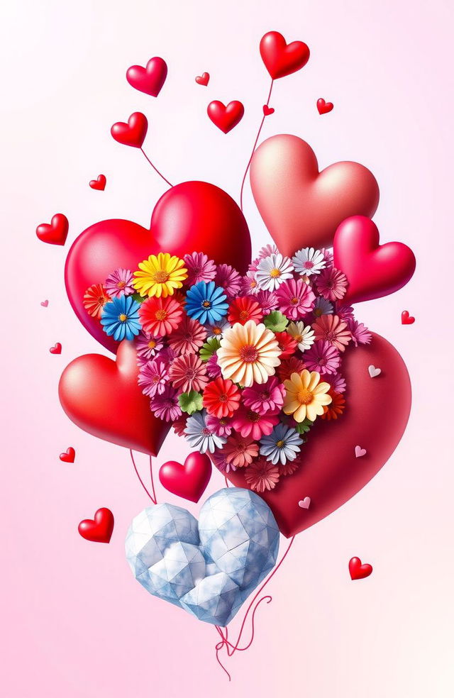 A vibrant and artistic representation of various hearts, showcasing a multitude of styles: a classic red heart, a heart made of colorful flowers, a geometric heart design, and a heart-shaped cloud in a blue sky