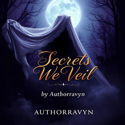 A captivating book cover design for 'The Secrets We Veil' by Authorravyn, featuring an ornate veil flowing gracefully across an enchanting moonlit landscape