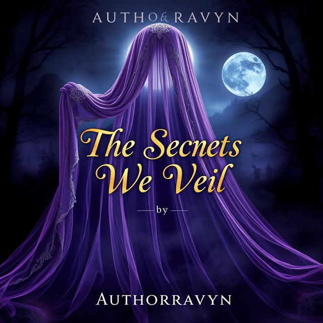 A captivating book cover design for 'The Secrets We Veil' by Authorravyn, featuring an ornate veil flowing gracefully across an enchanting moonlit landscape