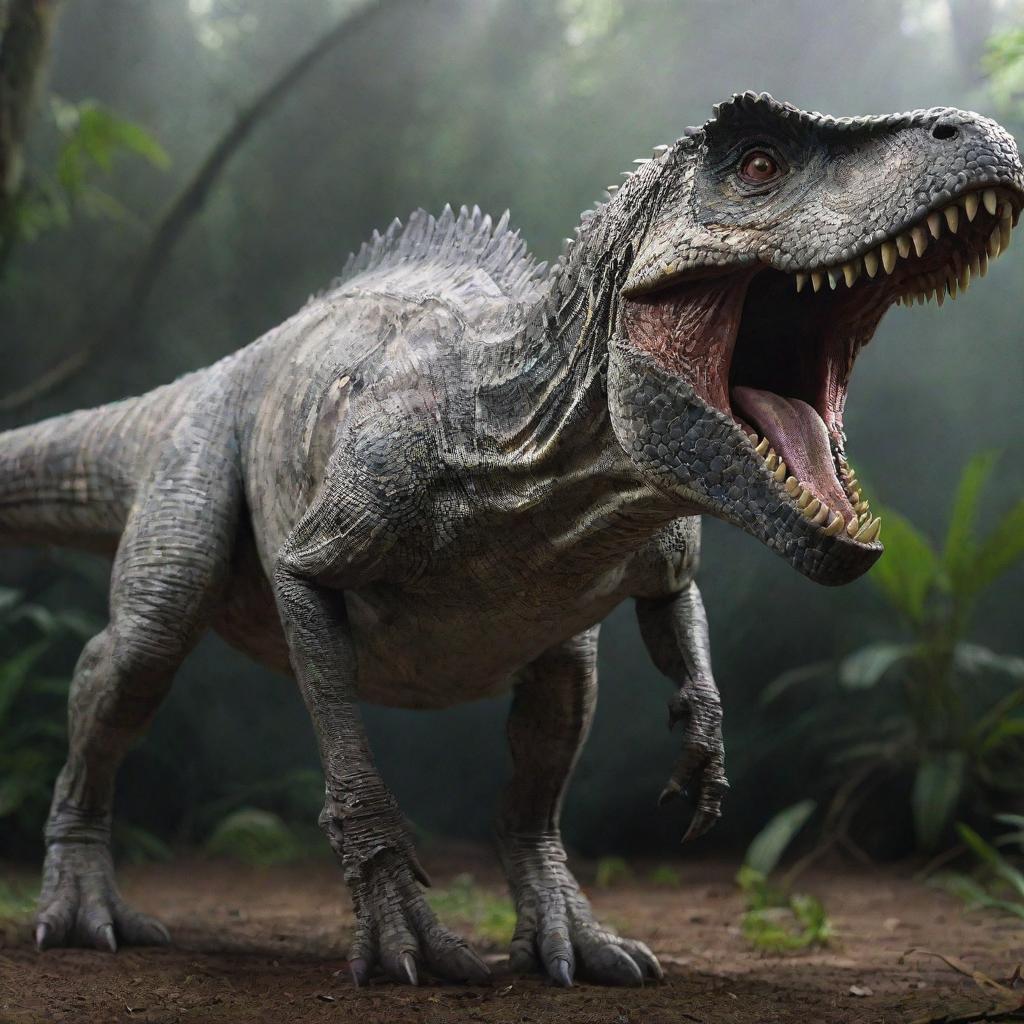 A highly-detailed, lifelike image of the Indominus Rex from the movie Jurassic World, standing in a ferocious pose.