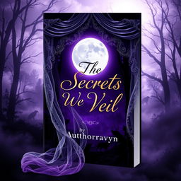 A captivating book cover design for 'The Secrets We Veil' by Authorravyn, featuring an ornate veil flowing gracefully across an enchanting moonlit landscape
