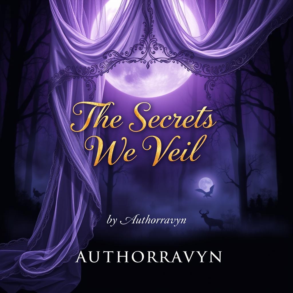 A captivating book cover design for 'The Secrets We Veil' by Authorravyn, featuring an ornate veil flowing gracefully across an enchanting moonlit landscape