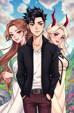 Two women, one representing good and the other representing evil, alongside a handsome and beautiful man, styled in a vibrant manhwa art style