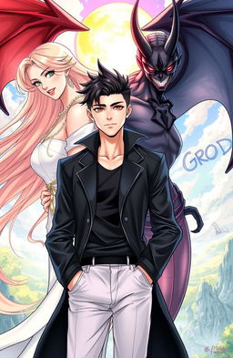 Two women, one representing good and the other representing evil, alongside a handsome and beautiful man, styled in a vibrant manhwa art style