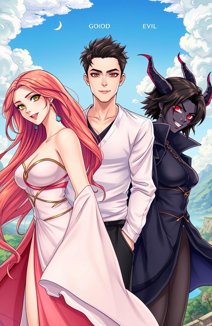 Two women, one representing good and the other representing evil, alongside a handsome and beautiful man, styled in a vibrant manhwa art style