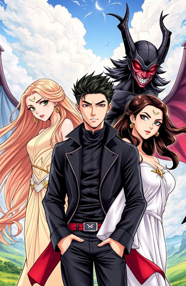 Two women, one representing good and the other representing evil, alongside a handsome and beautiful man, styled in a vibrant manhwa art style