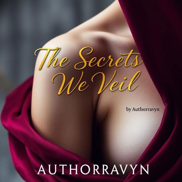 An alluring book cover design for 'The Secrets We Veil' by Authorravyn, featuring a close-up of a woman's shoulder adorned with flowing burgundy fabric that drapes sensually across her skin