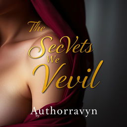 An alluring book cover design for 'The Secrets We Veil' by Authorravyn, featuring a close-up of a woman's shoulder adorned with flowing burgundy fabric that drapes sensually across her skin