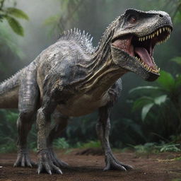 A highly-detailed, lifelike image of the Indominus Rex from the movie Jurassic World, standing in a ferocious pose.