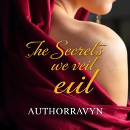 An alluring book cover design for 'The Secrets We Veil' by Authorravyn, featuring a close-up of a woman's shoulder adorned with flowing burgundy fabric that drapes sensually across her skin