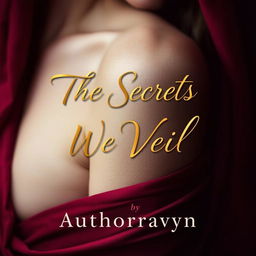 An alluring book cover design for 'The Secrets We Veil' by Authorravyn, featuring a close-up of a woman's shoulder adorned with flowing burgundy fabric that drapes sensually across her skin