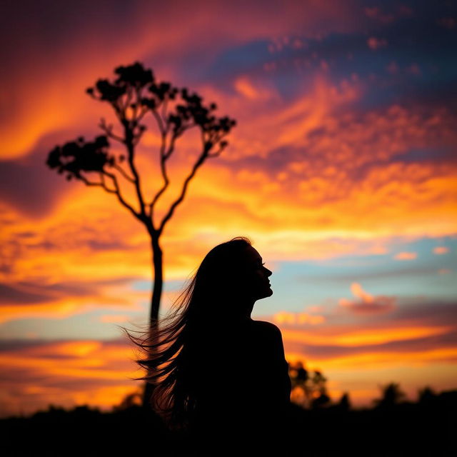 A silhouette of a woman gazing at a sandalwood tree against a vibrant sunset sky