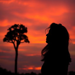 A silhouette of a woman gazing at a sandalwood tree against a vibrant sunset sky