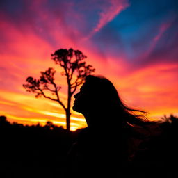 A silhouette of a woman gazing at a sandalwood tree against a vibrant sunset sky