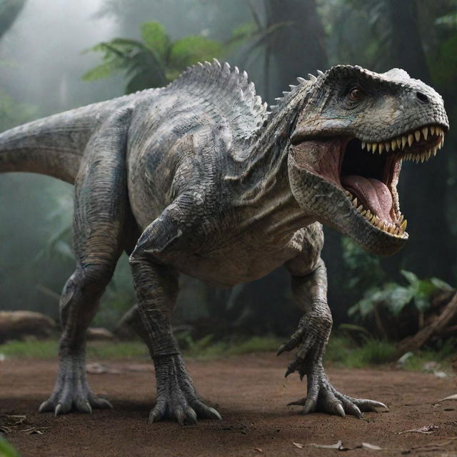 A highly-detailed, lifelike image of the Indominus Rex from the movie Jurassic World, standing in a ferocious pose.