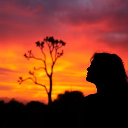 A silhouette of a woman gazing at a sandalwood tree against a vibrant sunset sky