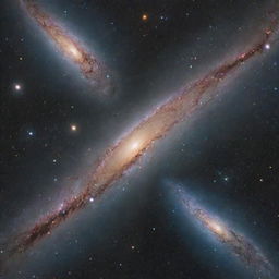 A grand cosmic merger of the Andromeda and Milky Way galaxies, with streams of stars coiling into new celestial formations, glowing nebulas merging, and luminous cores drawing close against the vastness of space.