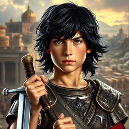 A young teenage version of Alexander the Great, with striking black hair and a determined expression