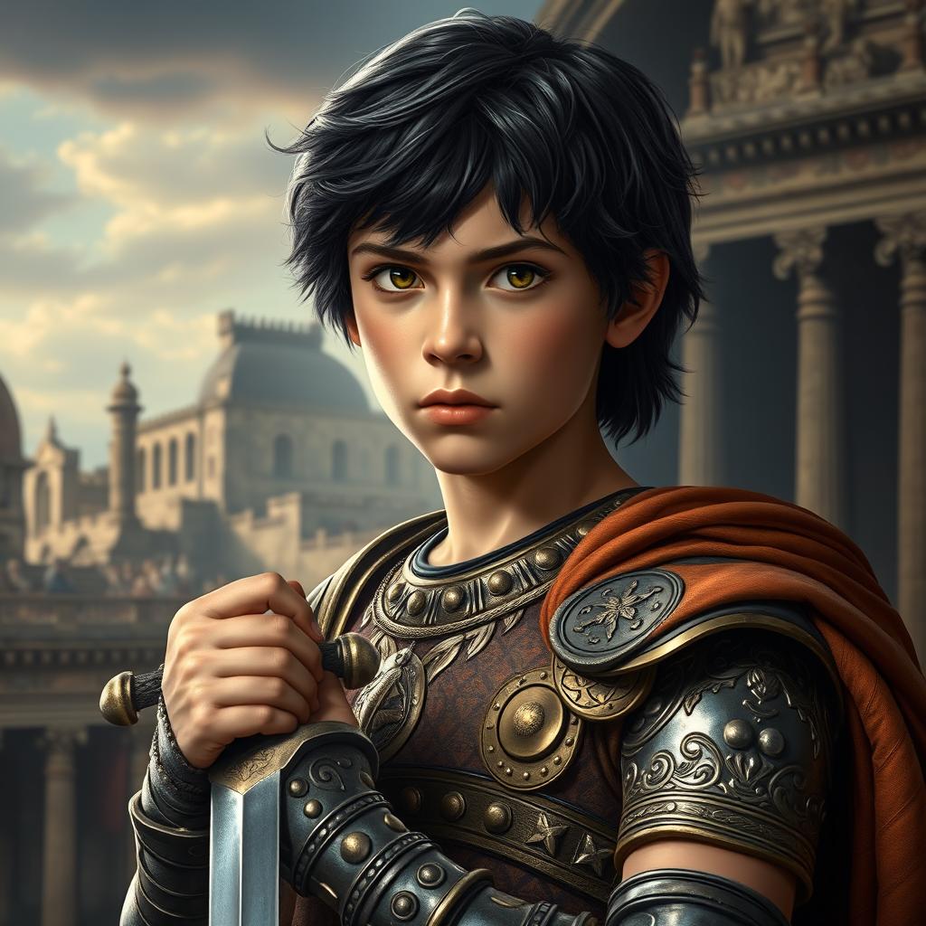 A young teenage version of Alexander the Great, with striking black hair and a determined expression